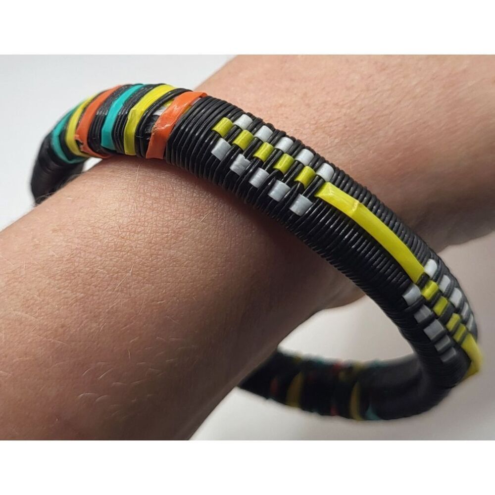 Handmade Artisan Recycled Plastic Thread Bamboo Bangle Bracelet 2.5in dia
